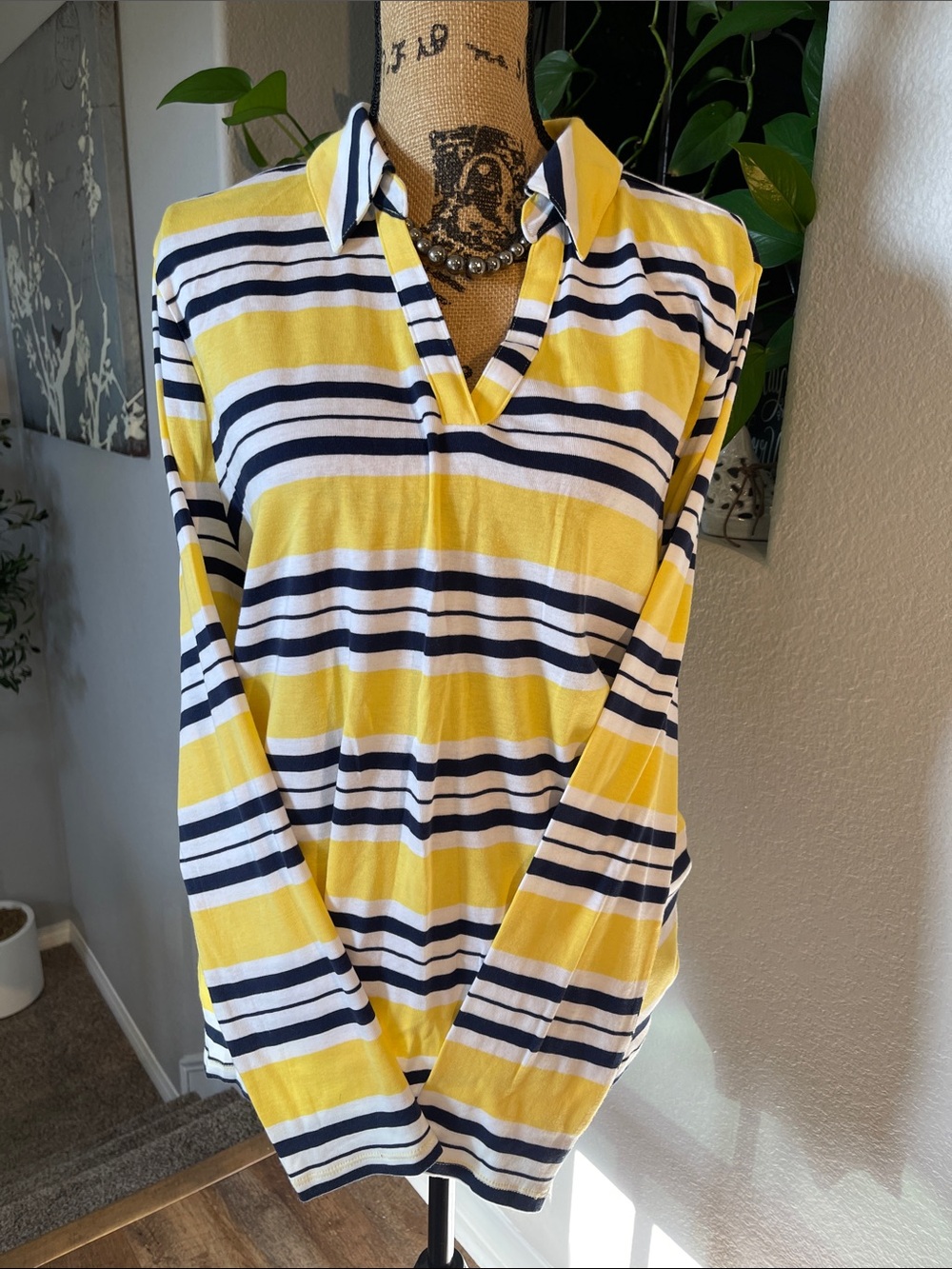 Charter Club Yellow White and Navy Striped Long-Sleeve Polo 💯 SUPIMA COTTON XXL